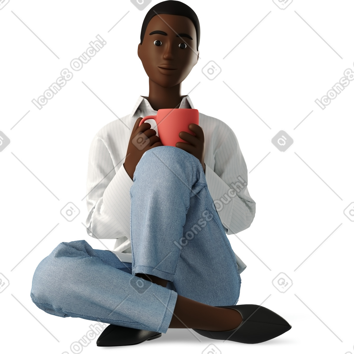 Young black woman sitting on the floor and drinking coffee illustration in 3D Business style download in PNG, SVG
