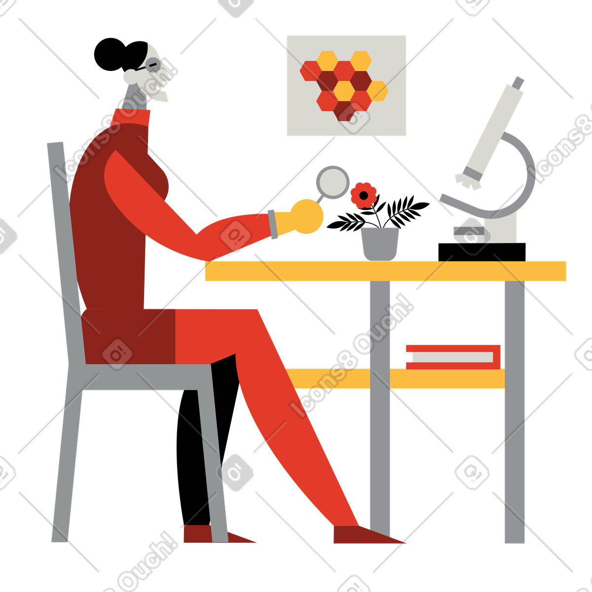 Ilustração de Mulher fazendo pesquisa biológica em uma flor no estilo Burgundy para baixar PNG, SVG