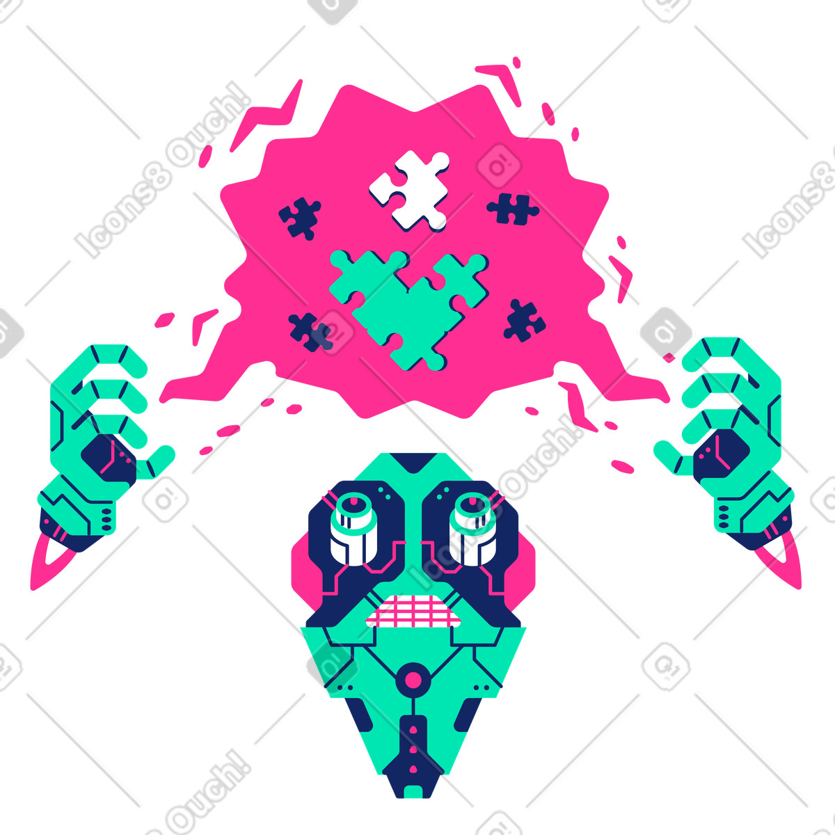 Illustration Un robot résout puzzle dans le style Cyborg à télécharger aux formats PNG, SVG