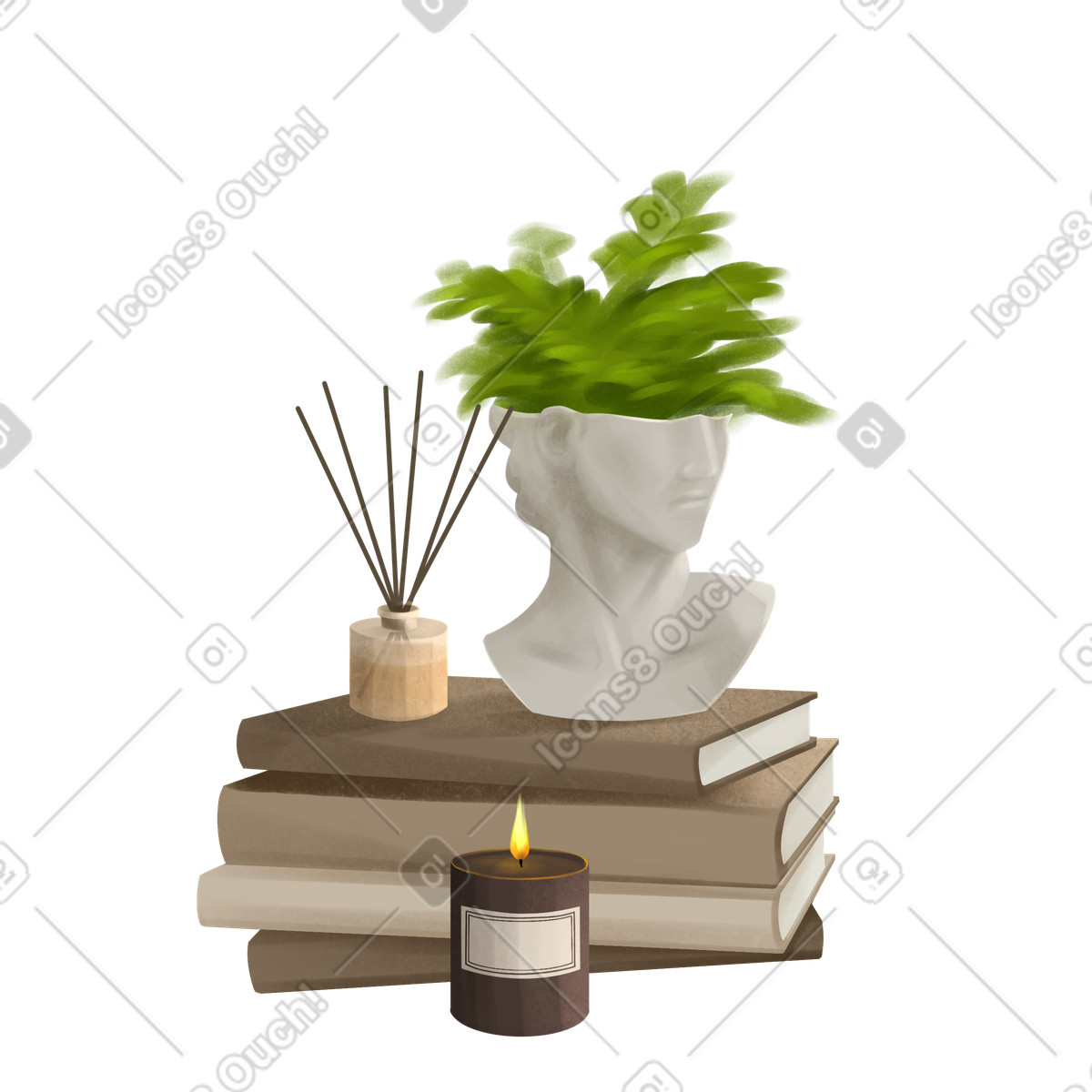 Books with candle vase and aroma diffuser illustration in PNG, SVG