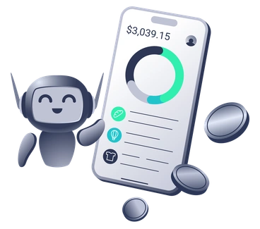 AI agent with a mobile financial dashboard showing transaction details, AI-Powered Finance Management, Transaction and Expense Tracking PNG, SVG