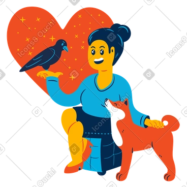 Woman taking care of a raven and a dog PNG, SVG