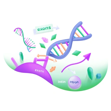 A modern pastel illustration depicting the process of "RNA Splicing." In the center, a large RNA molecule is shown, with distinct sections labeled "exons" and "introns." The exons are highlighted in bright colors, while the introns are presented in a lighter shade. Arrows indicate the editing process, showing the removal of introns and the joining of exons. Surrounding the RNA molecule are various cellular components like ribosomes and splicing factors, represented in soft tones to complement the primary illustration. Each element is arranged to create a clear visual representation of RNA splicing in action.