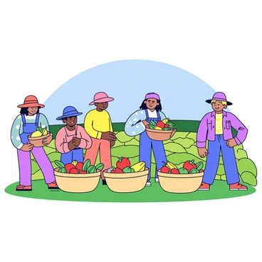 A group of farmers is gathering crops in a sunlit field. The farmers are wearing wide-brimmed hats and colorful shirts while bending down to pick fruits and vegetables. There are several woven baskets filled with freshly harvested produce, including bright red tomatoes, yellow corn, and leafy green vegetables. The field is bordered by green grass and a clear blue sky above.