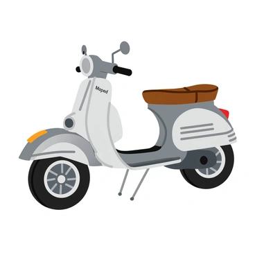 A moped with a shiny silver frame is prominently displayed, featuring a large front wheel and a smaller rear wheel. Each part of the moped is depicted with intricate linework, showcasing the contours of the body and details of the engine. The handlebars have a smooth black grip and the seat is a comfortable brown leather with visible stitching. The wheels are adorned with spokes and the tires have a textured pattern. "Moped" is written in bold letters along the side of the body, enhancing the overall look of the vehicle. The background is minimal to emphasize the details of the moped.