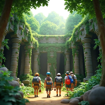 A group of explorers with backpacks and gear navigating through a dense forest. They are discovering ancient stone ruins covered in vines and moss. The ruins feature intricate carvings and stone columns partially collapsed. Sunlight filters through the thick canopy above, illuminating the scene with dappled light. The explorers are looking around in awe, taking notes and photographs of the surroundings.