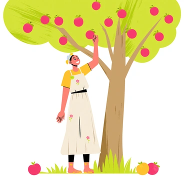 A cartoon-style illustration of "Demeter" standing under a large, bountiful fruit tree filled with colorful, ripe apples. She has a joyful expression on her face, with a wide smile as she reaches up to pick a bright red apple from the tree. Her attire consists of flowing garments that gently sway as she moves, adorned with floral patterns. The ground is covered with fallen apples and green grass, while the tree trunk is thick and textured, adding depth to the scene. Soft sunlight filters through the leaves, casting playful shadows around her.