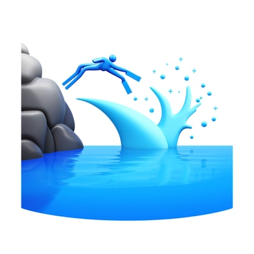 A scuba diver in a wetsuit is entering the water headfirst. The diver is positioned at the edge of a rocky cliff. As the diver plunges into the water, a large splash is created, with droplets flying in all directions. The surface of the water ripples outward from the point of entry. Sunlight reflects off the water, creating sparkling highlights around the splash. The diver’s fins are visible, and bubbles trail behind them as they descend into the water.