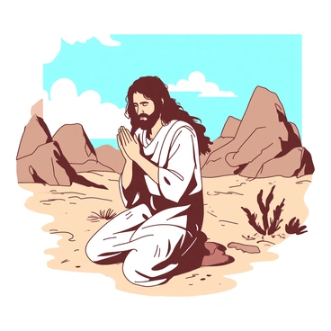 A figure depicting "John the Baptist" is kneeling in prayer. He is dressed in a simple, rough garment made of coarse fabric. His long hair and beard are unkempt, fluttering slightly in the arid breeze. The rugged desert landscape surrounds him, featuring rocky outcrops and sparse, dry vegetation. The ground is cracked and dusty, with small patches of sand. Above, the sky is a clear blue with a few wispy clouds, adding depth to the scene. John’s expression is one of deep devotion, and his hands are clasped together in front of him, creating a sense of tranquility despite the harsh environment.