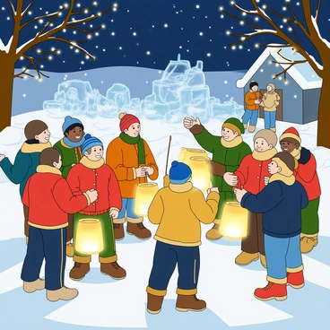 A group of villagers gathered in a snowy village square, surrounded by twinkling fairy lights hanging from the trees. They are dressed in colorful winter clothing, with scarves and hats, some wearing mittens. The villagers are smiling and laughing as they hold bright lanterns of various shapes, illuminating the scene with warm light. In the background, there are intricate ice sculptures of animals and festive designs, reflecting the glow of the lanterns. A small band is playing cheerful music, with musicians holding instruments like a drum and a flute. Snowflakes are gently falling from the sky, adding a magical touch to the festive atmosphere.