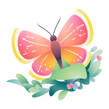 A whimsical butterfly with vibrant pink and yellow wings resembling grapefruit slices is perched on a green leaf. The wings are detailed, showcasing the textured surface of grapefruit, complete with small droplets of dew glistening in the sunlight. The butterfly's body is a rich brown, with delicate antennae extending gracefully. Surrounding the butterfly are lush green foliage and small, colorful flowers, creating a lively and vivid environment.