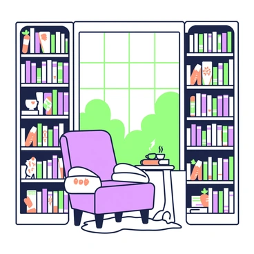 A cozy library interior features tall bookshelves filled with books prominently themed around carrots. Each shelf displays a variety of books with vibrant carrot illustrations on their covers. In the center of the library, there is a comfortable reading chair upholstered in a soft fabric, accompanied by a small round table holding a steaming cup of tea. A soft rug lies beneath the chair, adding a touch of warmth. Light filters through a large window, casting gentle shadows on the wooden floor, creating an inviting atmosphere perfect for reading.