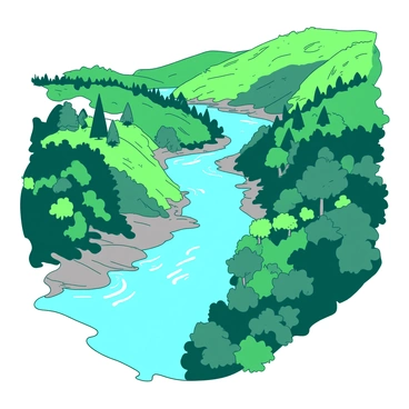An aerial view captures a winding river flowing gracefully through a valley. The river's banks are adorned with vibrant greenery, featuring a mixture of dense foliage and scattered trees. The lush vegetation on either side of the river contrasts beautifully with the water's shimmering surface. The sunlight casts gentle shadows, highlighting the natural curves of the river and the rich textures of the landscape. The scene showcases a harmonious blend of the river and the thriving green surroundings, creating a captivating sight of nature's beauty.