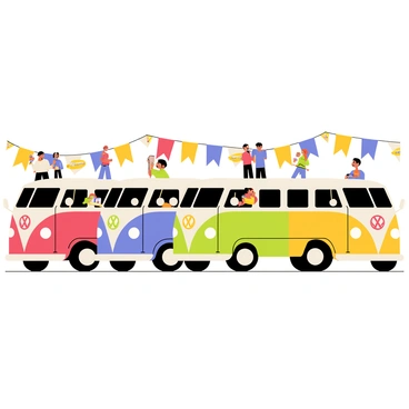 A row of vintage VW buses in various bright colors, including red, blue, green, and yellow, parked closely together at a classic car show. Each bus has a distinct design, showcasing their iconic rounded shapes and cheerful front grilles. The setting is filled with people admiring the vehicles, interacting with each other, and capturing photos. Several colorful banners with vintage car motifs are displayed in the background, adding to the festive atmosphere of the show.