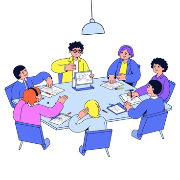 A group of graphic designers is gathered around a large rectangular table. Each designer has a sketchbook open in front of them. The table is cluttered with various sketches, colored markers, and a laptop. The designers are engaged in discussion, pointing at their sketches and sharing ideas. One designer has short hair and is wearing glasses while showing their drawing. Another designer, with long curly hair, is writing notes on a pad. A bright overhead light illuminates the scene, highlighting the vibrant colors of the sketches.