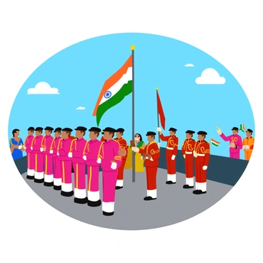 A group of soldiers in ceremonial attire stands at attention during the "ceremonial lowering of the flags" at Wagah Border. The soldiers wear vibrant uniforms adorned with intricate designs and embellishments. The setting features a clear blue sky overhead, creating a striking contrast with the colorful uniforms. The flags, one representing each country, are majestically displayed before being lowered. The soldiers demonstrate precise, synchronized movements as they perform the ceremony. Spectators in the background are captured in excitement, some waving small flags of their respective countries. The atmosphere is filled with a sense of pride and camaraderie.