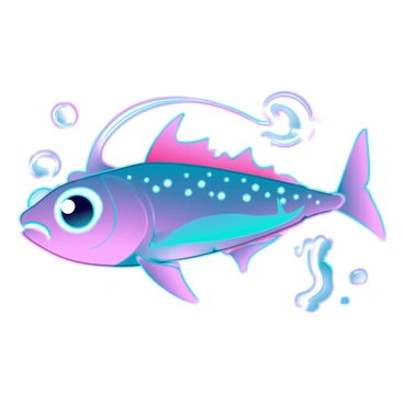 A surreal image of an anglerfish with large, glowing eyes and an elongated body. The fish is adorned with vivid patterns and swirling colors, creating a sense of movement. Bright, luminous hues of pink, blue, and green blend seamlessly across its skin. The anglerfish's bioluminescent lure glows intensely, attracting attention. Shapes and forms reminiscent of underwater flora swirl around the anglerfish, enhancing the vibrant scene.