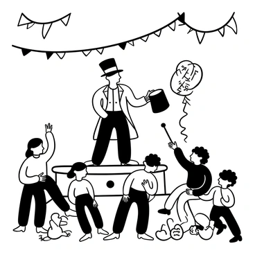 A well-meaning but clumsy magician performing tricks at a children's party