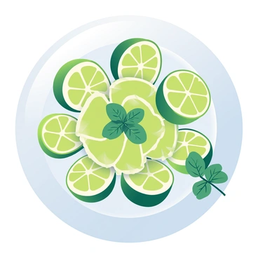 A white plate is filled with vibrant green lime wedges arranged neatly in a circular pattern. In the center, fresh mint leaves are scattered, their serrated edges and rich green color contrasting beautifully with the bright limes. Some lime wedges are cut in half, showcasing the juicy, light green flesh inside. The plate is placed on a light wooden surface, and a few drops of water glisten on the limes, suggesting freshness. A sprig of mint is leaning slightly over the edge of the plate, adding to the overall refreshing appearance.