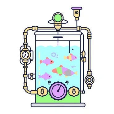 A steampunk-style aquarium is centered in the image, featuring a transparent glass tank filled with water and colorful fish swimming inside. Surrounding the tank, there are intricate brass pipes and gears, adding a mechanical touch to the setup. The fish include a variety of shapes and sizes, with vibrant scales reflecting light. The base of the aquarium is adorned with small cogs and a large pressure gauge. Above the tank, there is a series of brass levers and valves, enhancing the steampunk aesthetic.