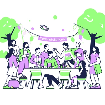 A festive outdoor party is taking place with a group of students celebrating their successful bac results. In the center, a long table is adorned with a bright tablecloth, featuring an assortment of snacks and drinks. Colorful balloons are tied to the chairs surrounding the table, while a banner that reads "Congratulations!" is hung between two trees. Students are gathered in clusters, some holding drinks, while others are laughing and taking selfies. A few students are tossing a frisbee in the background, and one group is dancing to music coming from a portable speaker. Sunlight filters through the leaves of nearby trees, creating a lively atmosphere.