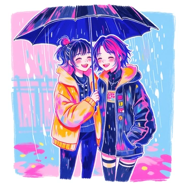 Two friends with dark hair styled in emo fashion are standing close together under a large black umbrella. They are wearing dark clothing with band logos and colorful accessories. Raindrops gently fall around them, creating small splashes on the ground. One friend has a bright pink streak in their hair and is laughing, showing a sense of joy. The other friend, with a nose ring, is also smiling, their eyes sparkling with happiness. The scene captures the feeling of camaraderie and lightheartedness as they share this moment in the rain.