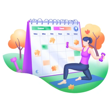 A modern pastel illustration of a seasonal fitness calendar prominently featuring hip thrust exercises. The calendar is set against a backdrop of a park during autumn, with colorful leaves scattered on the ground and trees displaying hues of orange, red, and yellow. In the foreground, figures are performing hip thrust exercises on yoga mats, showing correct posture. The calendar includes highlighted dates for fitness events, accompanied by icons of leaves and fitness equipment like dumbbells and resistance bands. The atmosphere conveys an active and inviting outdoor fitness theme.