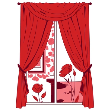 A red ornate curtain is draped elegantly, featuring intricate poppy motifs that spread across its surface. The poppies are depicted in various stages of bloom, with delicate details on the petals and leaves. The curtain is softly gathered at the top with a matching red tieback, allowing gentle folds to cascade down. The background reveals hints of vintage home decor elements, like an ornate wooden frame and a patterned wallpaper that complements the curtain design. The overall composition creates a warm and inviting atmosphere.