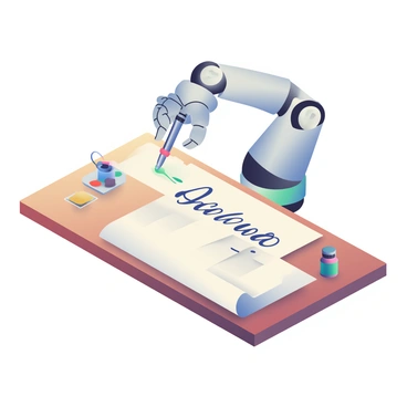 A sleek, metallic robot arm with articulated joints is poised above a long scroll of white paper on a wooden table. The arm is equipped with a delicate nib pen that glides smoothly across the scroll, creating elegant calligraphy. Ink flows gracefully from the pen, forming intricate letters in a flowing script. The scene is illuminated by soft, warm light, casting subtle shadows on the paper and the table surface. A few small ink bottles are placed nearby, adding to the ambiance of the workspace.