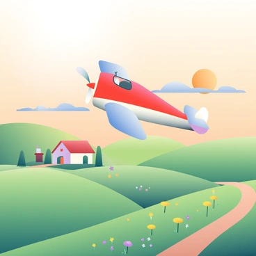 A vintage biplane with a glossy red and white design is soaring gracefully over a vast countryside landscape at sunrise. The sky is filled with soft hues of orange and pink, casting a warm glow over the scene. Below, rolling green hills stretch out, dotted with small patches of wildflowers in shades of yellow and purple. In the distance, a quaint farmhouse with a red roof can be seen nestled among the fields, while a winding dirt road curves through the landscape. The biplane's propeller spins rapidly, creating a sense of motion as it cuts through the serene morning air.