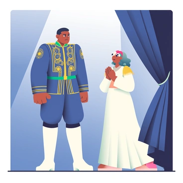 A dramatic stage scene features "Othello," a tall man with dark skin and a commanding presence, wearing an ornate, deep blue military uniform with intricate gold embroidery. He stands with a tense posture, his face reflecting a mix of anger and despair. "Desdemona," a woman with fair skin and flowing, wavy hair, is dressed in a long, elegant white gown that contrasts against the dark backdrop of the stage. She looks up at Othello with wide, expressive eyes, her hands clasped in front of her chest. The lighting casts strong shadows, highlighting the emotional intensity of their conversation. A rich, dark velvet curtain is pulled to the side, framing the scene and adding depth to the stage's atmosphere.