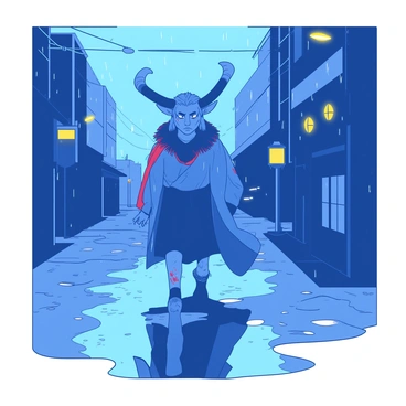 A blue solitary oni with red markings is walking along a rain-soaked street. The oni has large, curved horns and is dressed in traditional clothing that flutters slightly with each step. Puddles of water reflect the oni's image and the surrounding streetlights, which cast a warm yellow glow on the wet pavement. The atmosphere is filled with falling raindrops, creating ripples in the puddles. Wisps of fog linger in the air, adding a sense of mystery to the scene.