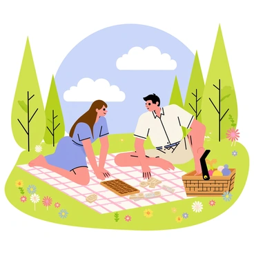 A couple is sitting on a checkered picnic blanket spread out on a green meadow filled with colorful wildflowers. The woman has long brown hair, wearing a light blue dress, while the man has short black hair, dressed in a casual white shirt and beige shorts. They are both focused on a wooden mahjong set placed on the blanket, with tiles scattered in front of them. A picnic basket is open nearby, revealing fruits and snacks. In the background, tall trees and a bright blue sky with fluffy white clouds create a tranquil atmosphere.
