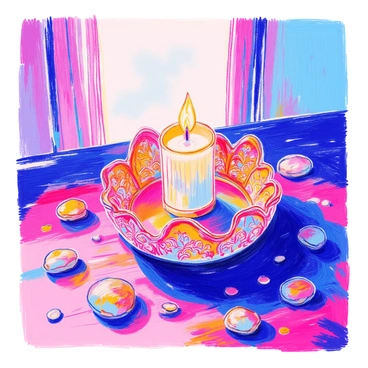 A decorative candle holder with intricate designs is placed on a wooden table. The holder features ornate patterns and filigree work that catch the light beautifully. A lit candle is positioned inside, casting soft, warm light that creates gentle shadows on the surface. Surrounding the candle holder are small decorative stones, enhancing the elegant atmosphere. The overall scene is inviting and cozy, with the glow of the candle illuminating the details of the holder.