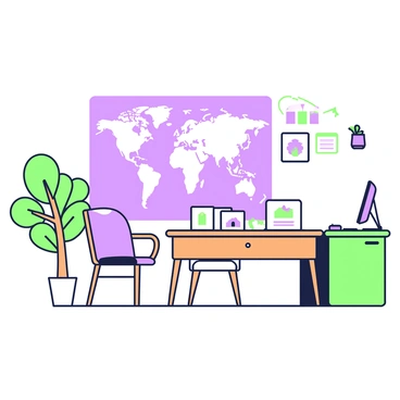 A cozy real estate office is depicted with warm lighting. In the back, there is a large world map pinned to the wall, featuring various locations marked with small flags. In the center of the room, a wooden table is covered with several property brochures, neatly arranged. There are two comfortable chairs positioned around the table, and a potted plant sits in one corner of the office. A desk with a computer and a few decorative items is positioned against the opposite wall.