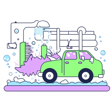 A car is moving through an automated car wash, with soap bubbles covering its surface. The car is a compact model, with clear reflections of its surroundings in the windows. Surrounding the car, bristles and foam are actively applying soap, creating an interface of movement and texture. The background features the machinery of the car wash, with water spraying from various nozzles, while the ground is slick with water and suds. Bubbles float around, some sticking to the car's exterior, enhancing the scene of cleaning.
