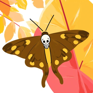 A death's-head hawkmoth with intricate patterns of brown and yellow is perched on a large, autumn-colored leaf. The leaf features a rich blend of orange, red, and yellow hues, showcasing the colors of fall. The moth's wings are spread slightly, revealing its skull-like markings in the center. Sunlight filters through the leaves above, casting dappled shadows on the moth and the leaf, enhancing the sense of camouflage.