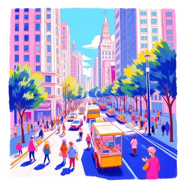 A bustling city scene features tall skyscrapers with detailed windows and architectural elements. Crowds of people move along the sidewalks, some carrying bags, while others chat or glance at their phones. Street vendors with colorful carts line the streets, offering snacks and drinks. Vehicles, including cars and buses, navigate the busy roads, and traffic lights stand tall in the background. Trees and small parks are interspersed throughout the city, adding greenery to the urban landscape. The sun casts interesting shadows, enhancing the depth and dimension of the scene.