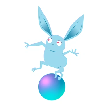 An awkward creature with oversized ears that are floppy and large, giving it a comical appearance. Its body is small and round, supported by tiny, thin legs that struggle to maintain balance. The creature is perched on a shiny, vibrant ball that is slightly larger than itself, wobbling precariously. Its eyes are wide, reflecting a mix of concentration and uncertainty as it attempts to remain upright. The setting is a simple, clean environment that highlights the creature's humorous struggle.