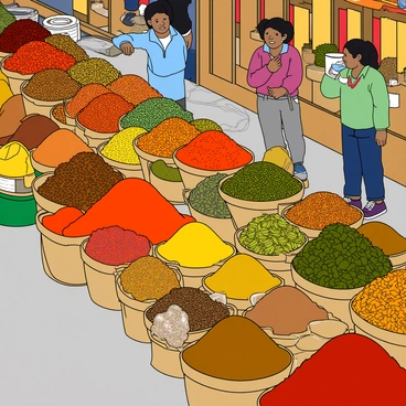 A bustling spice market with rows of vibrant baskets filled with colorful heaps of spices. The spices include deep red chili powder, bright yellow turmeric, green cardamom pods, and earthy brown cumin seeds. Each basket is overflowing, creating a lively display. The air is filled with the rich aromas of the spices. Vendors are seen interacting with customers, some weighing spices on traditional scales. Brightly colored fabrics are draped around the stalls, adding to the market's vibrant atmosphere. A few shoppers are admiring the spices, while others are engaged in conversation.