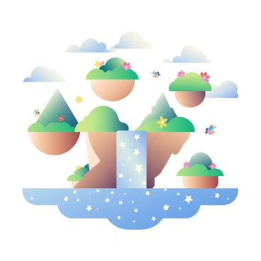 A dreamlike landscape features several floating islands with lush green vegetation and colorful flowers. The islands vary in size and shape, some are round while others are jagged. Below the islands, a waterfall made of shimmering stars cascades into a serene pool, reflecting the twinkling lights above. In the distance, soft clouds drift lazily across a light blue sky, blending elements of day and twilight. Small birds with iridescent feathers can be seen flying between the islands, adding to the whimsical atmosphere.