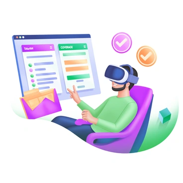 A modern pastel illustration depicting a customer wearing a virtual reality headset while reviewing their "Tata AIA" policy. The customer is seated on a comfortable chair, surrounded by digital screens displaying various aspects of the insurance policy, such as coverage options and benefits. Bright graphics, including checkmarks and symbols representing financial security, are visible in the virtual environment. The setting has a sleek and modern aesthetic, emphasizing technology and innovation.