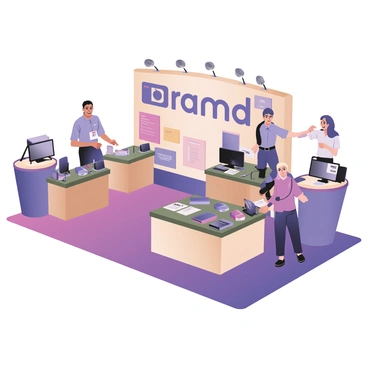 A digital flat illustration of a trade show booth showcasing a variety of products for a brand. The booth features a large backdrop with the brand's logo in bold letters at the center. In front of the backdrop, there are several display tables arranged in a U-shape, each table holding different products such as electronics, gadgets, and promotional materials. The products are attractively arranged, with price tags visible. On one side of the booth, a friendly staff member with short hair is engaging with a visitor, who is pointing at a product. On the other side, there are brochures and business cards neatly lined up. The floor is carpeted with a bright color that complements the brand's theme.
