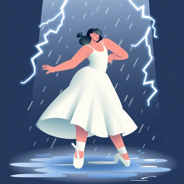 A dancer with dark hair is performing gracefully in the rain, water droplets cascading off their body. They are wearing a flowing white dress that clings to their form, creating a striking contrast against the dark background. Bolts of lightning illuminate the scene dramatically, casting bright, stark shadows that highlight the dancer's fluid movements. The ground is slick with rainwater, reflecting the bright flashes of light and the silhouette of the dancer. The atmosphere is charged, conveying the energy of the performance amidst the downpour.