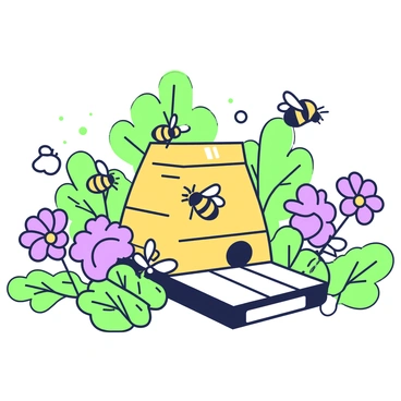 A beehive is situated in the center of a vibrant garden, surrounded by a variety of blooming flowers. The bees are actively buzzing around the hive, some hovering near the entrance while others dart between the colorful blossoms. The flowers display a mix of shapes and sizes, with petals reaching outward, inviting the bees to gather nectar. The beehive itself is made of natural materials, with a textured surface and compartments visible. In the background, green leaves provide a lush contrast to the scene.