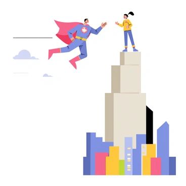 A superhero wearing a bright blue and red suit is swooping down from the sky. The superhero has a flowing cape and a determined expression. Below, a young child with a worried face is standing on the edge of a tall, gray building, looking up in surprise. The building is surrounded by a cityscape of colorful buildings and a clear blue sky. The superhero is reaching out with one hand, ready to grab the child and bring them to safety.