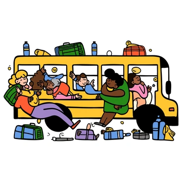 A bus interior filled with children of diverse backgrounds, some with light skin and sandy blonde hair, others with darker skin tones and curly black hair. They are all wearing colorful school uniforms. Several children are dozing off in their seats, with sleepy expressions and relaxed bodies, some leaning against the window, while others are slumped over in their seats. A few children are smiling in their sleep, and a couple of them are whispering quietly to each other, sharing playful secrets. The bus is slightly cluttered with backpacks and water bottles, creating a sense of a joyful, busy day coming to an end.