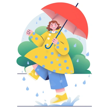 A young woman named Sarah with light brown hair is joyfully dancing in the rain. She is wearing a colorful raincoat that's yellow with blue polka dots. In her hand, she holds a large, bright red umbrella that is open above her. Raindrops are visibly falling around her, creating splashes on the ground. The background features lush green trees and a gray, overcast sky, enhancing the wet atmosphere of the scene. Sarah's face is bright with a wide smile, and her feet are lifted off the ground as she spins playfully.