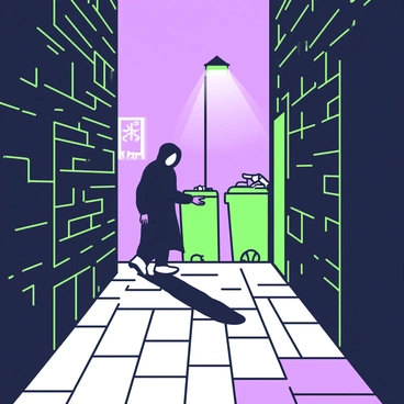 A dimly lit alley is depicted, with cobblestone pavement reflecting faint light from a distant source. On one side, brick walls rise up, casting long shadows. Emerging from the shadows is a mysterious figure cloaked in a long, dark coat, the hood obscuring their face. The figure stands slightly turned, with one hand resting against the wall for support. In the background, a small flickering streetlamp casts a soft glow, illuminating the outline of garbage bins and scattered debris on the ground. The atmosphere is filled with intrigue, as the figure seems to be silently observing their surroundings.