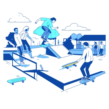 A group of teenagers is skateboarding at a local skate park. One teenager with a blue skateboard is performing an ollie over a ramp, while another teenager with a yellow skateboard is grinding on a metal rail. Nearby, a third teenager is preparing to drop in on another ramp. The skateboard park is filled with various ramps and rails, and there are spectators watching and cheering in the background. The sun is shining brightly, casting sharp shadows on the concrete.